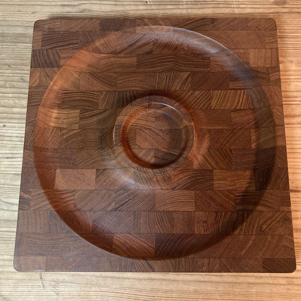 Vintage Denmark Checkered Teakwood Serving Tray Appetizer Chip Dip MCM 12" X 12"